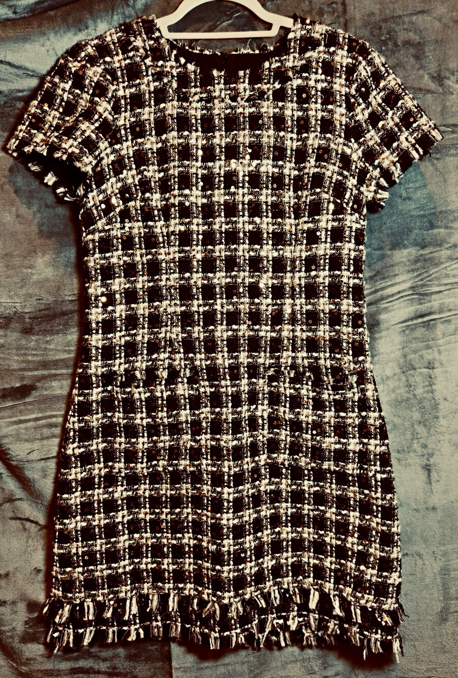 Eliza J Black & White Plaid Tweed Shift Dress Short Sleeve Fringe Sequin 10